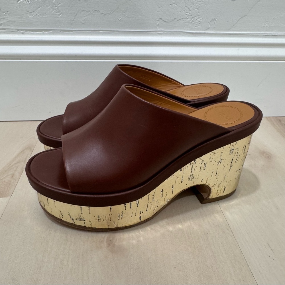 Chloe Oil Leather Cork Platform Mule Sandals Women's 36 = US 6 Brown Gold Italy